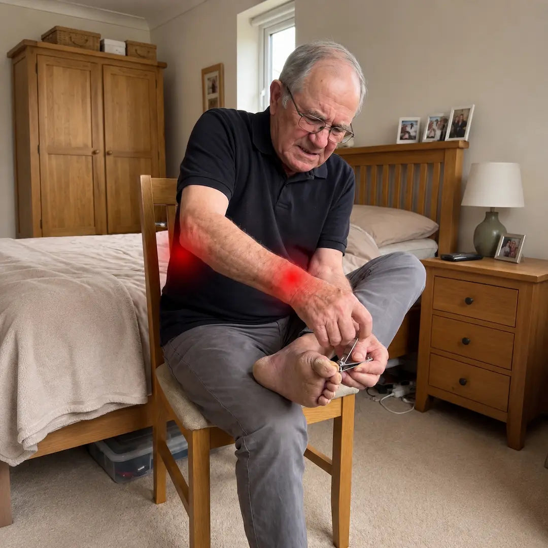 Elderly man struggling to clip a thick toenail with red pain indicators on his lower back and wrist.
