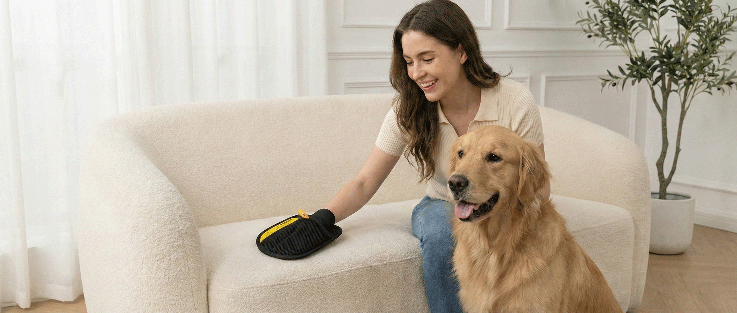 Relievana reusable pet hair removal glove cleaning a beige velvet sofa, removing dog hair without sticky tape.