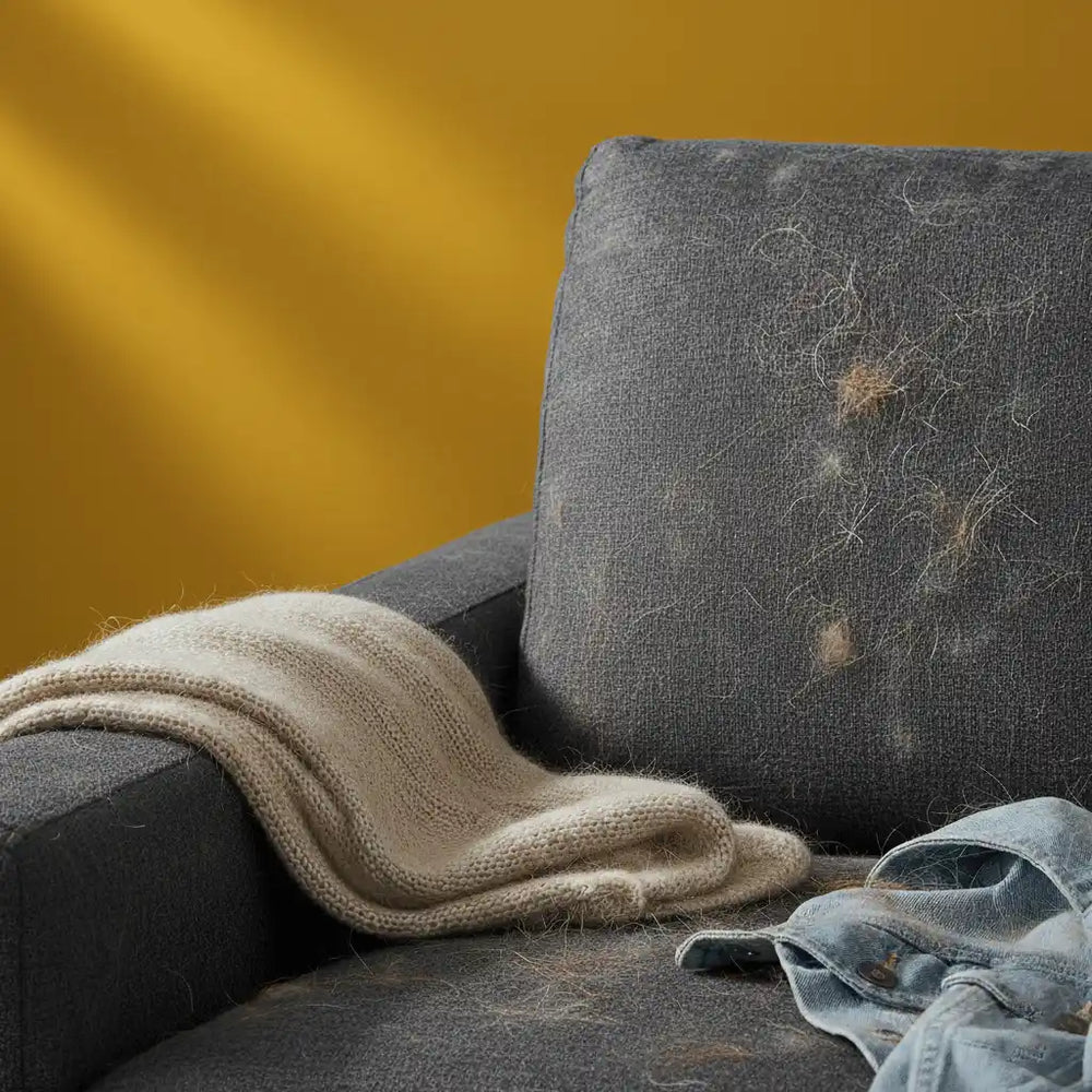 A dark grey fabric sofa cushion and blanket completely covered in shedding dog and cat fur before cleaning