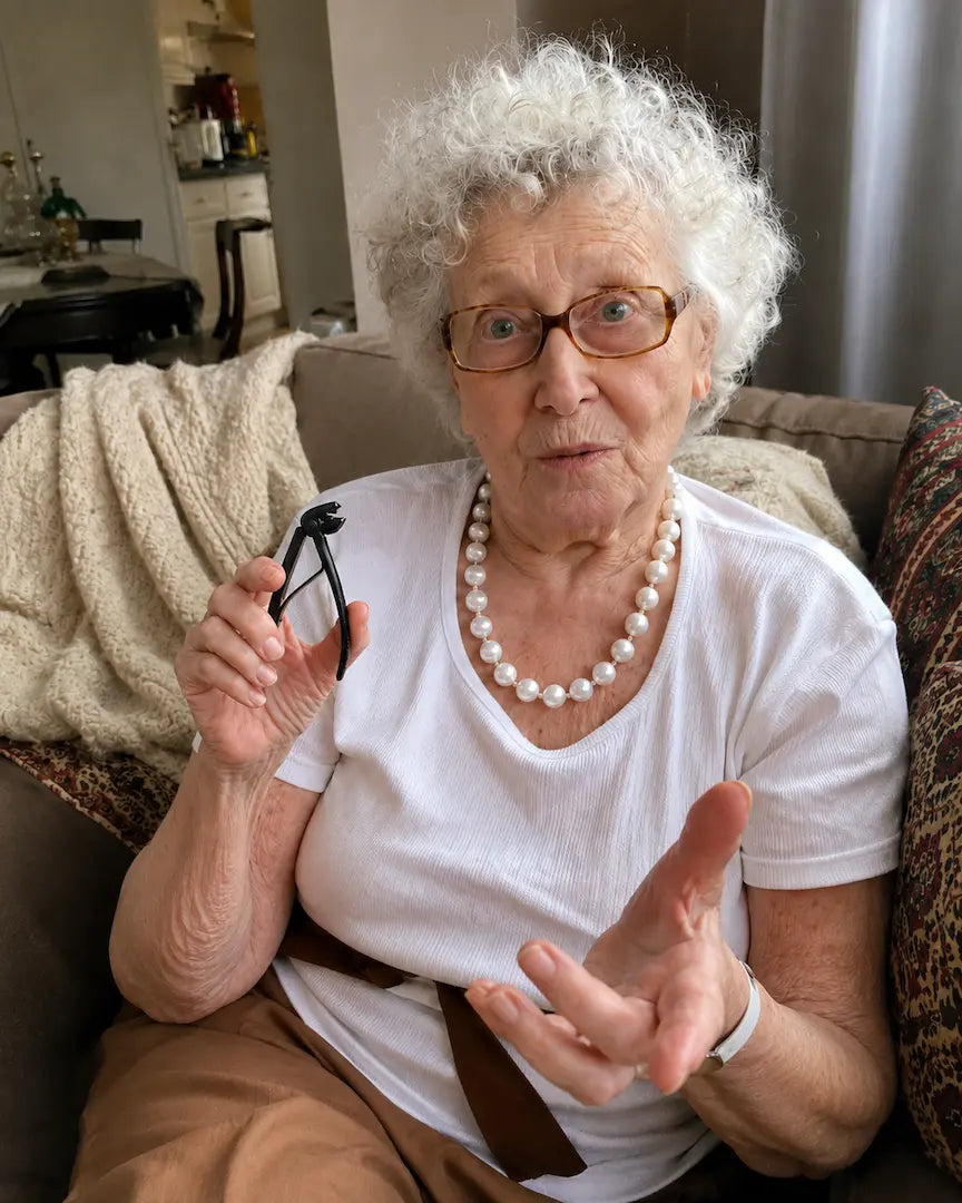 Elderly woman showing the Relievana Premium Nail Clipper Set while sharing her experience