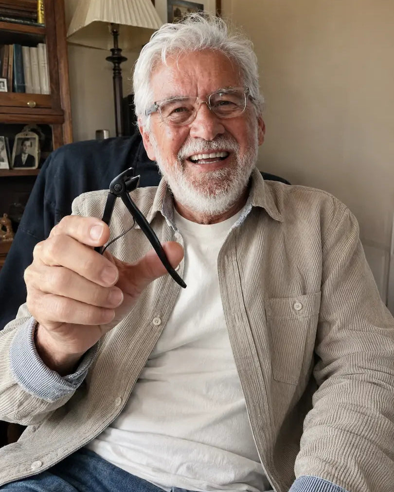 Happy senior man holding the Relievana Premium Nail Clipper Set after trimming thick nails