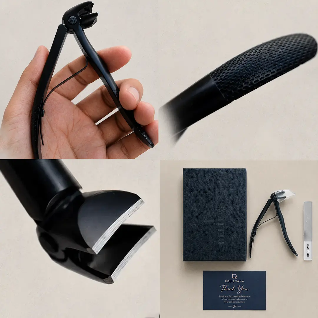 Relievana Premium Nail Clipper Set highlighting ergonomic grip, wide jaw blades and storage box