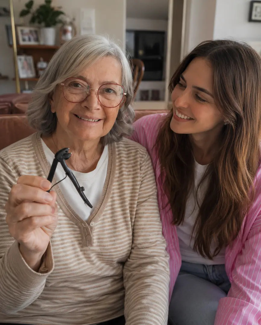 Daughter smiling beside her mother as she holds the Relievana Premium Nail Clipper Set at home.