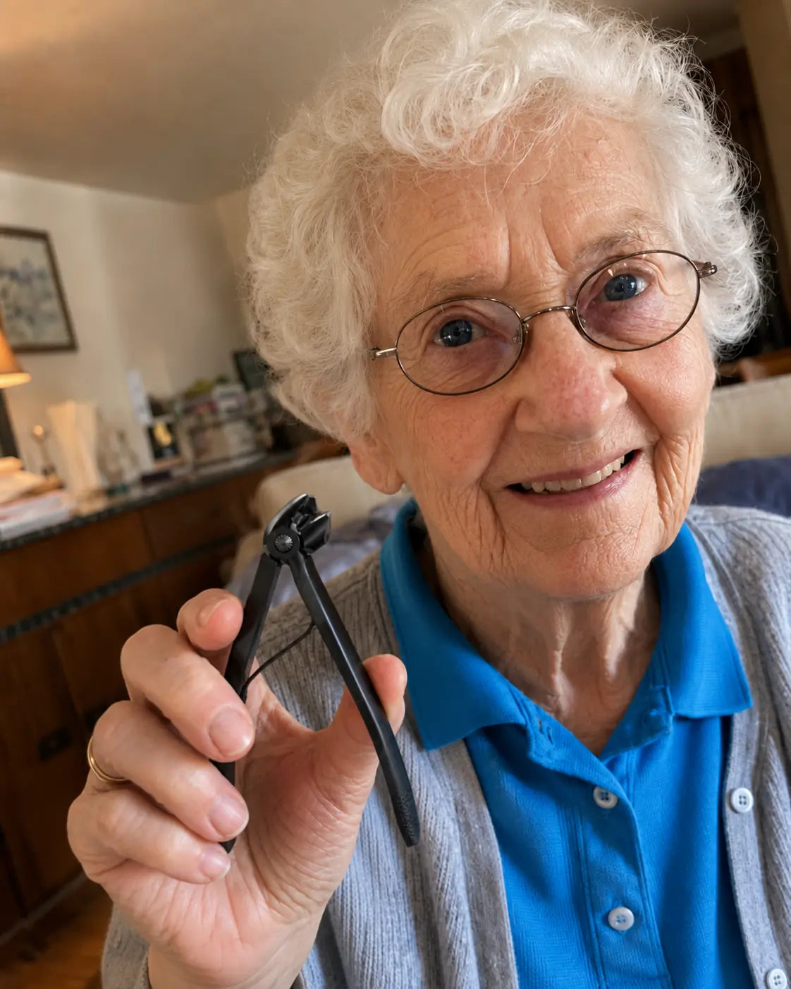 Smiling senior woman holding the Relievana Premium Nail Clipper Set at home.
