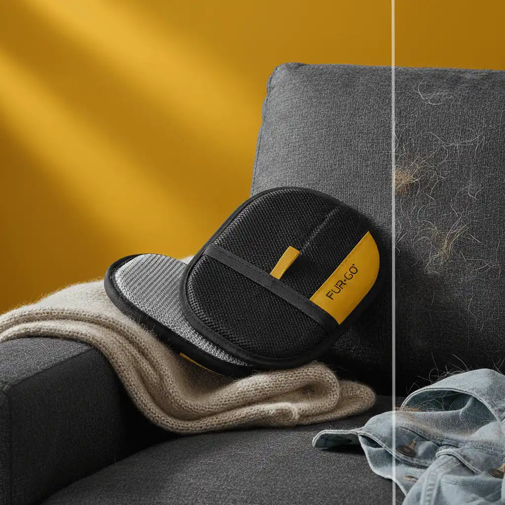 A before and after comparison of pet hair removal on a sofa fabric using the yellow and black Fur-Go glove.